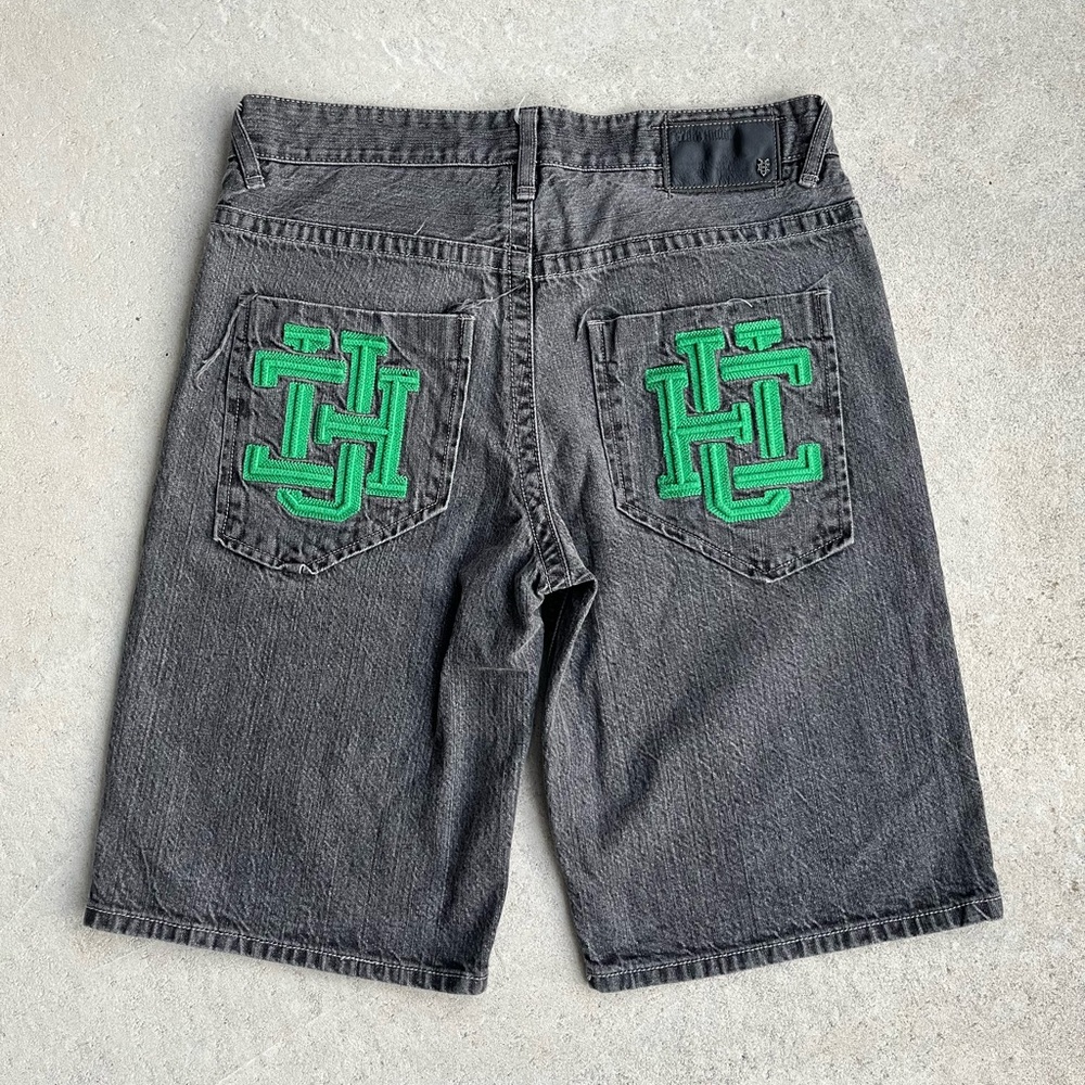 Ecko Unlimited Gray Jean Shorts with Green Embroidery